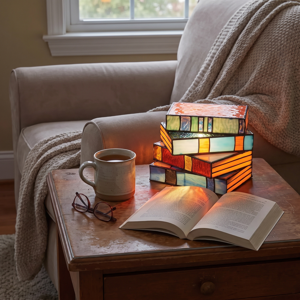 Stained glass book lamp, handcrafted art lighting