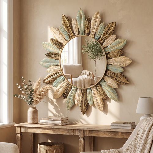 Bohemian sunburst metal wall mirror in teal and gold leaf