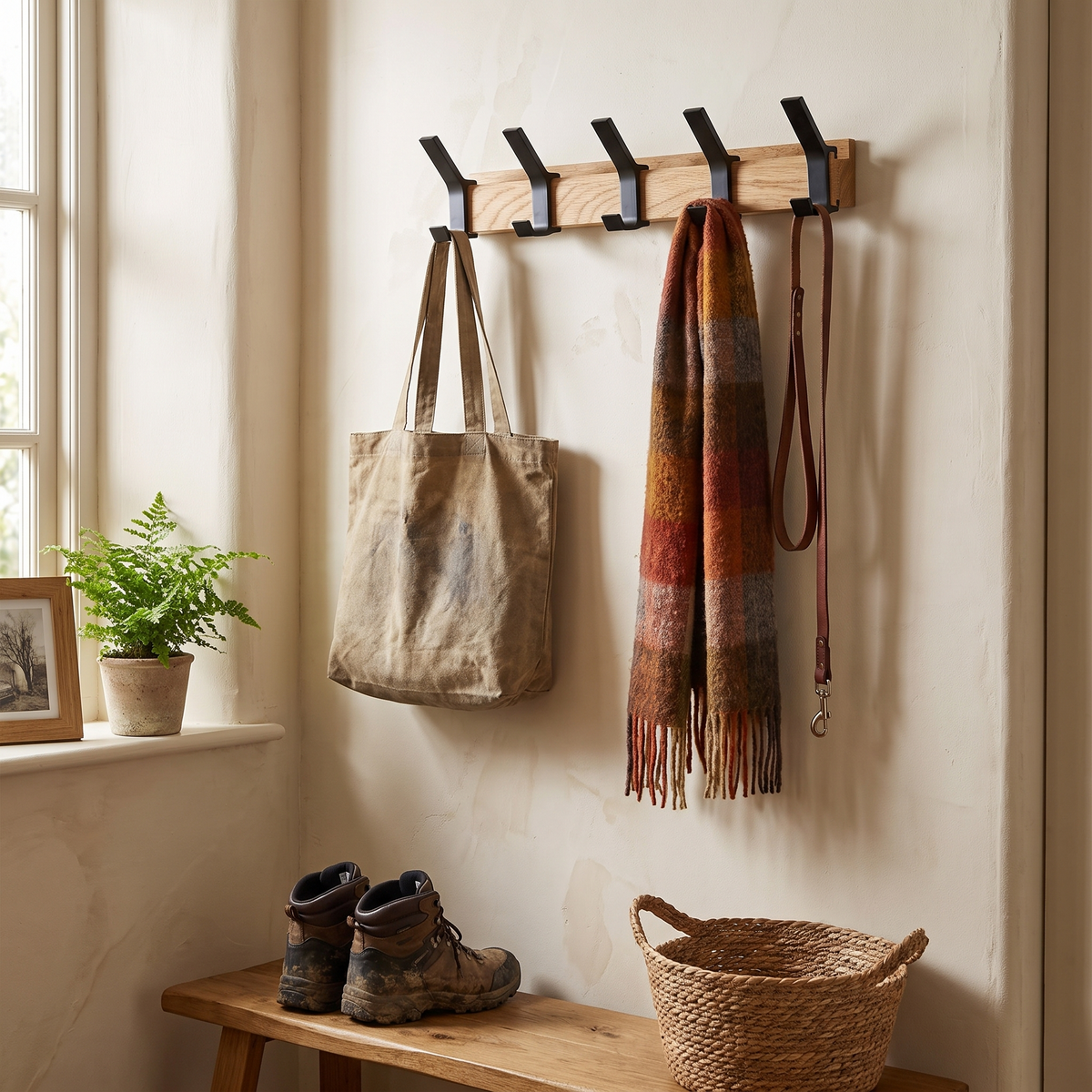 Nordic Wall-Mounted Coat Rack | Adjustable Dual Hooks in Black & Wood Finish