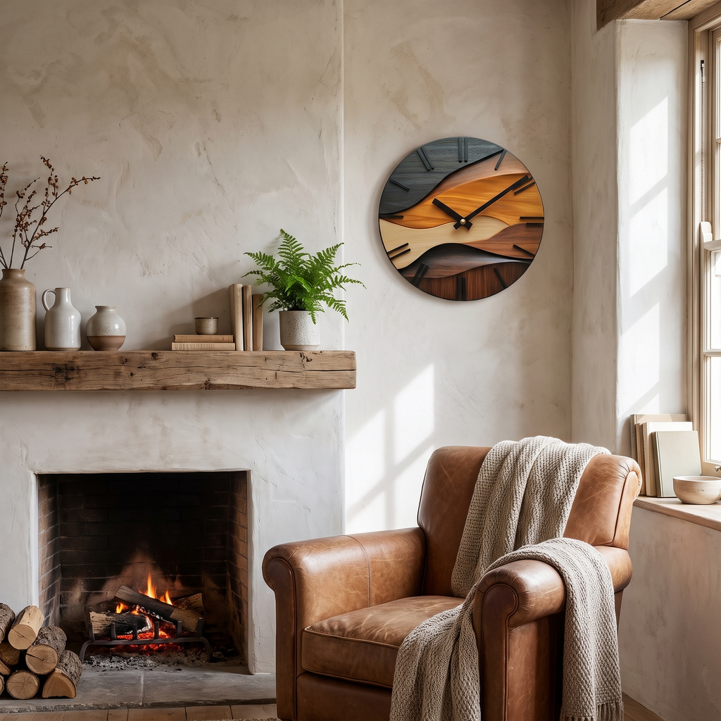 Artistic Round Wall Clock | Nordic Style Faux Wood Grain Design