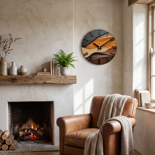 Artistic round wall clock with Nordic faux wood grain