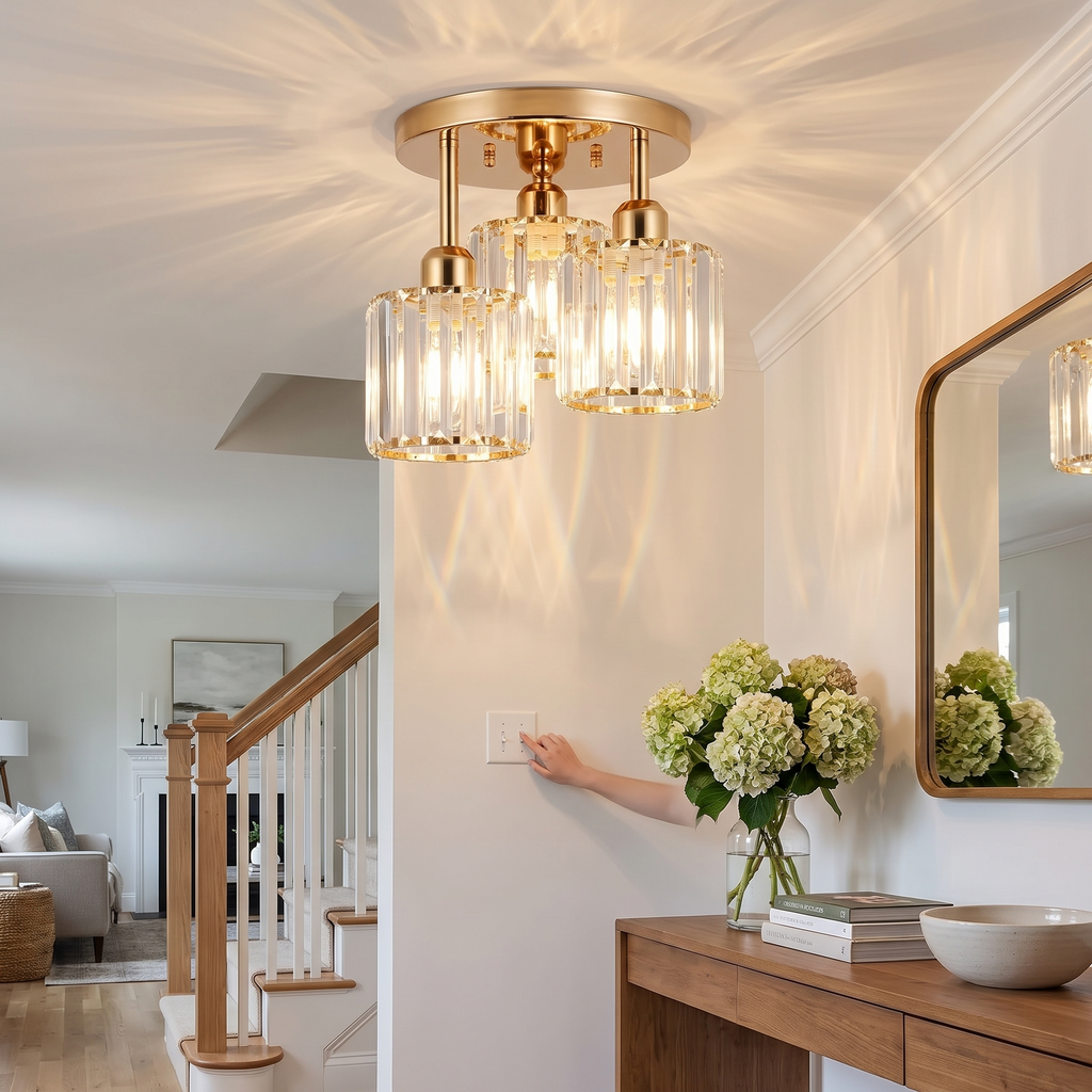 Modern gold crystal ceiling light, three-light semi flush mount
