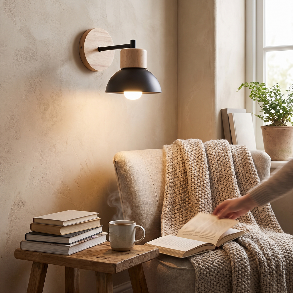 Wood and metal wall lamp, modern Nordic bedside light