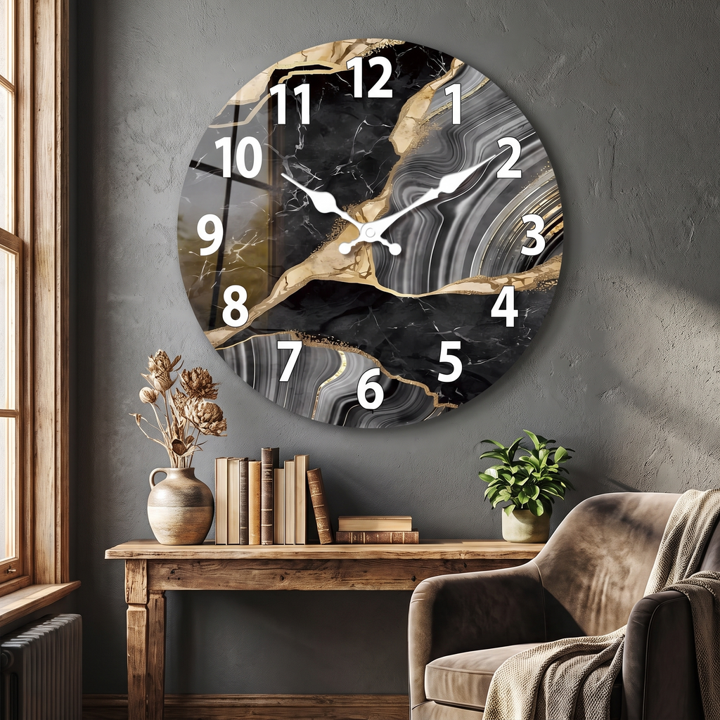 MarbellaTime | Modern Round Wooden Wall Clock | Silent Marble Design