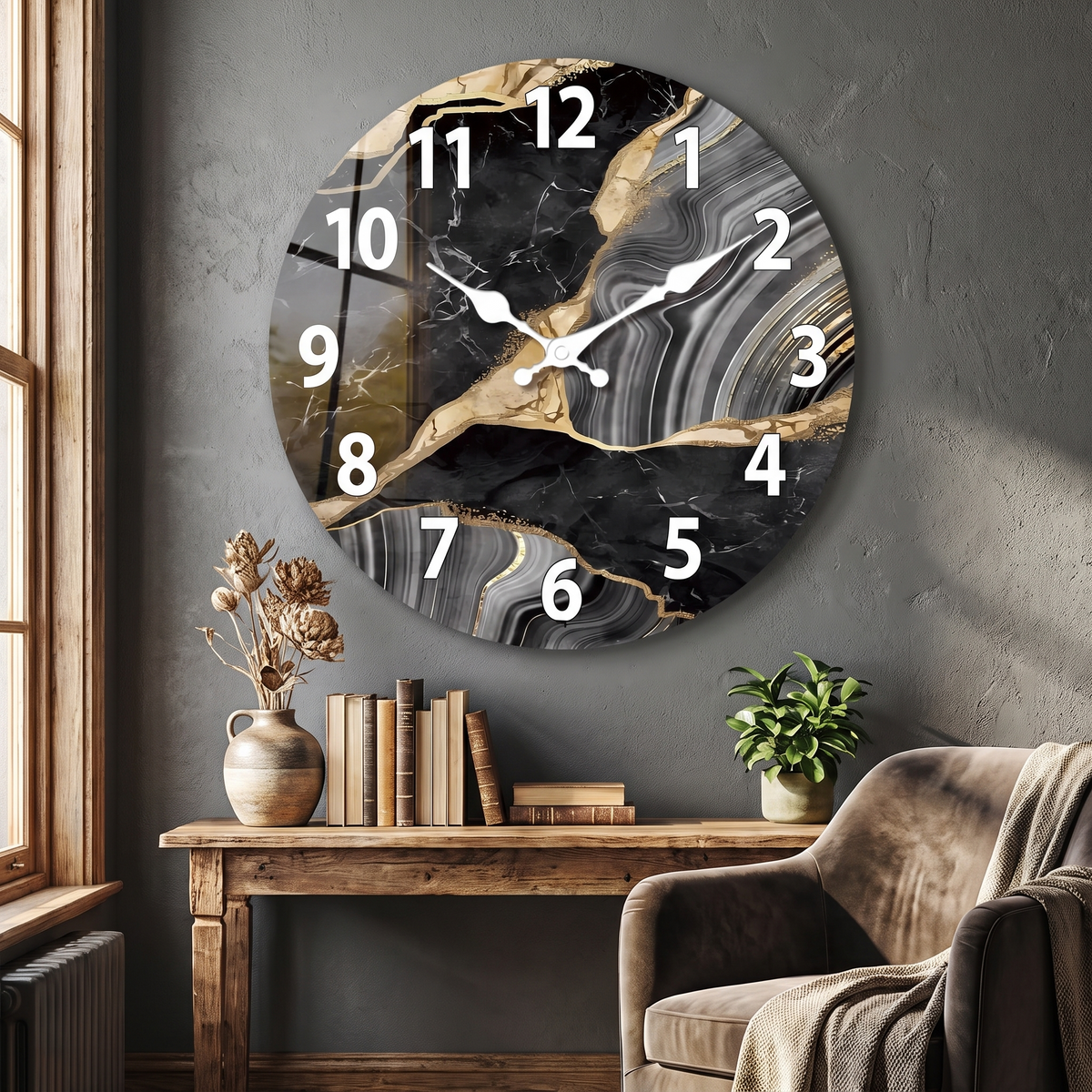MarbellaTime | Modern Round Wooden Wall Clock | Silent Marble Design