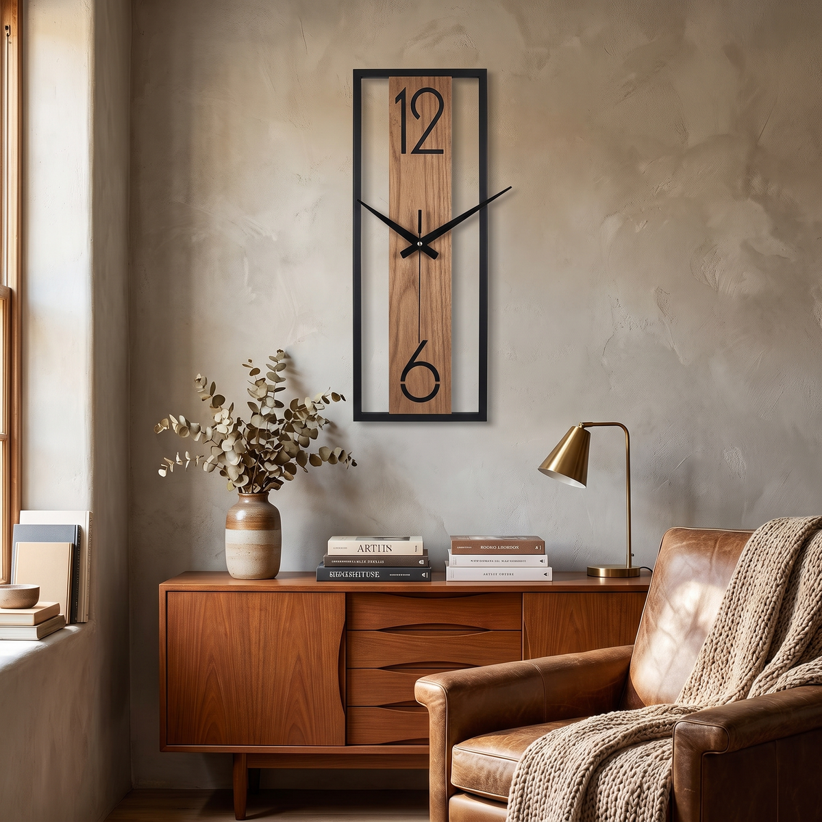 Modern Rectangular Wall Clock | Slim Wood Grain Frame Design