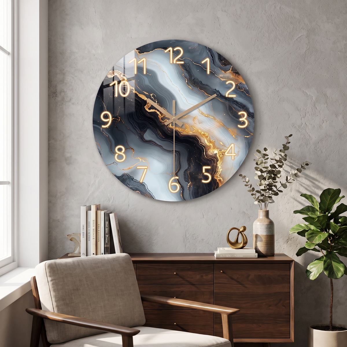 Blue & Gold Marble Wall Clock | Silent Wooden Design