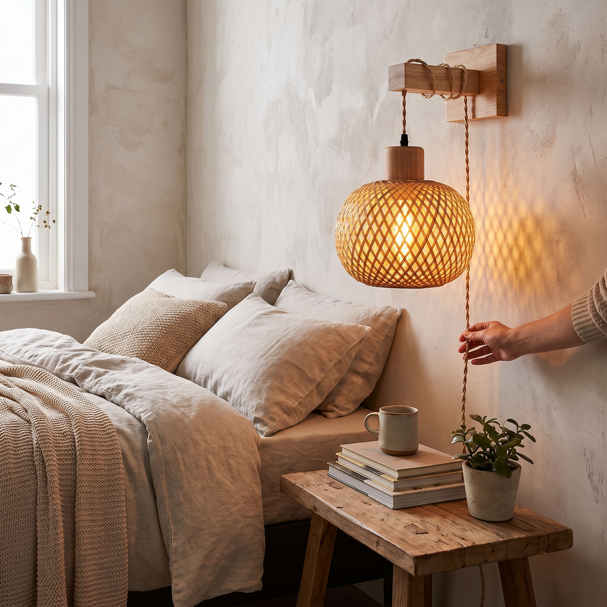 Rustic Wooden Wall Sconce | Handwoven Rattan & Wood Light Fixture