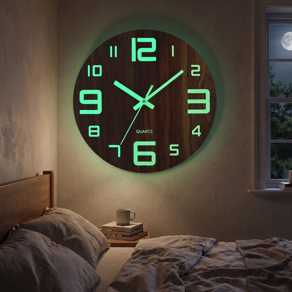 Walnut Luminous Wall Clock | Silent Glow-in-the-Dark Wooden Design