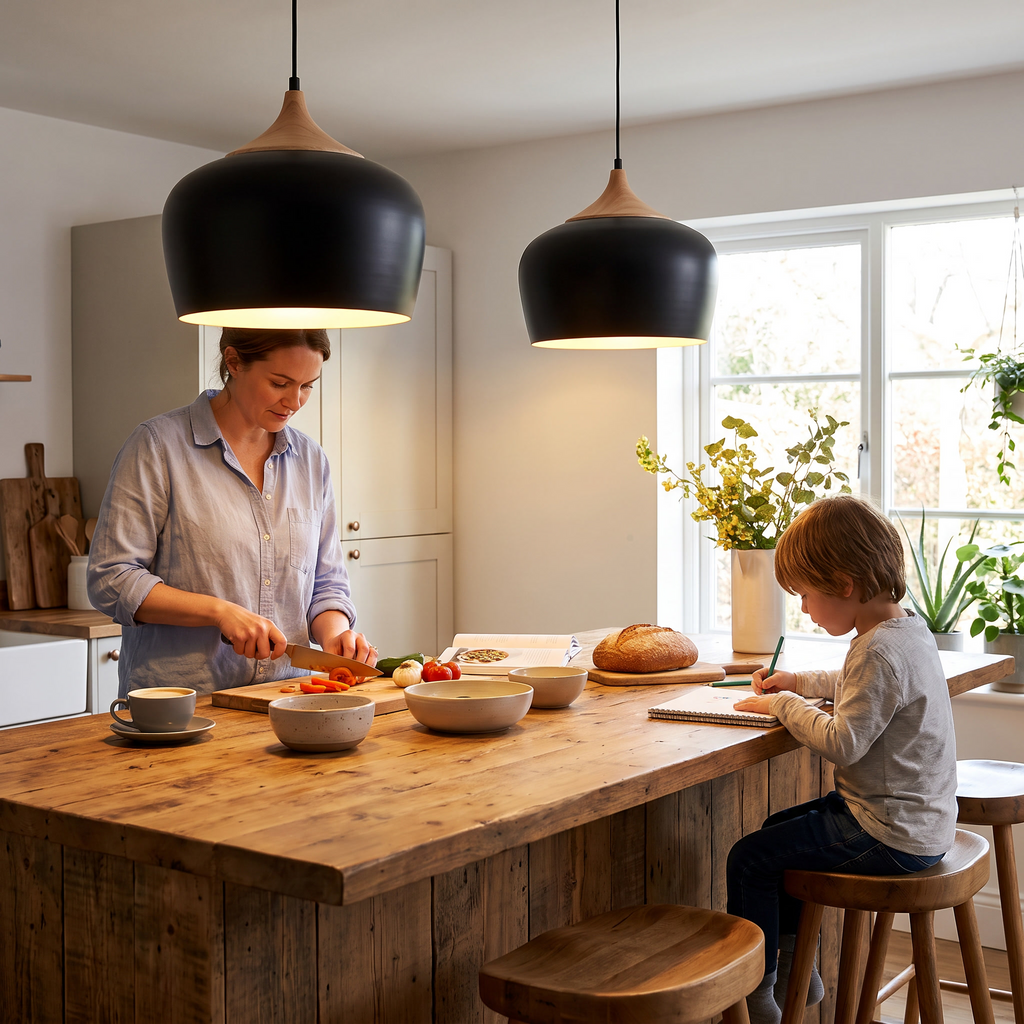 Modern Scandinavian Pendant Light | Iron & Wood Grain Design