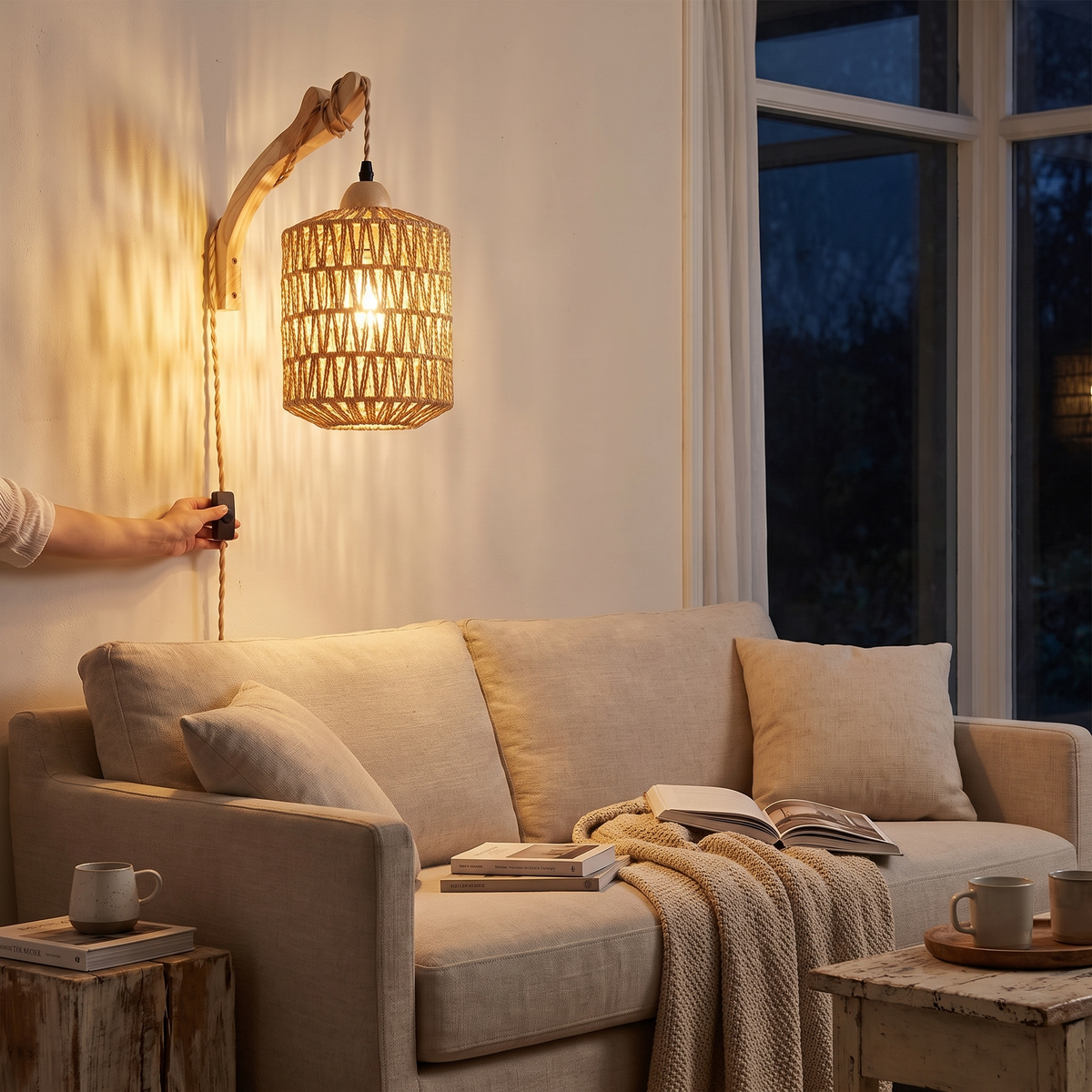 Boho wood and rattan wall lamp, hand woven plug in light