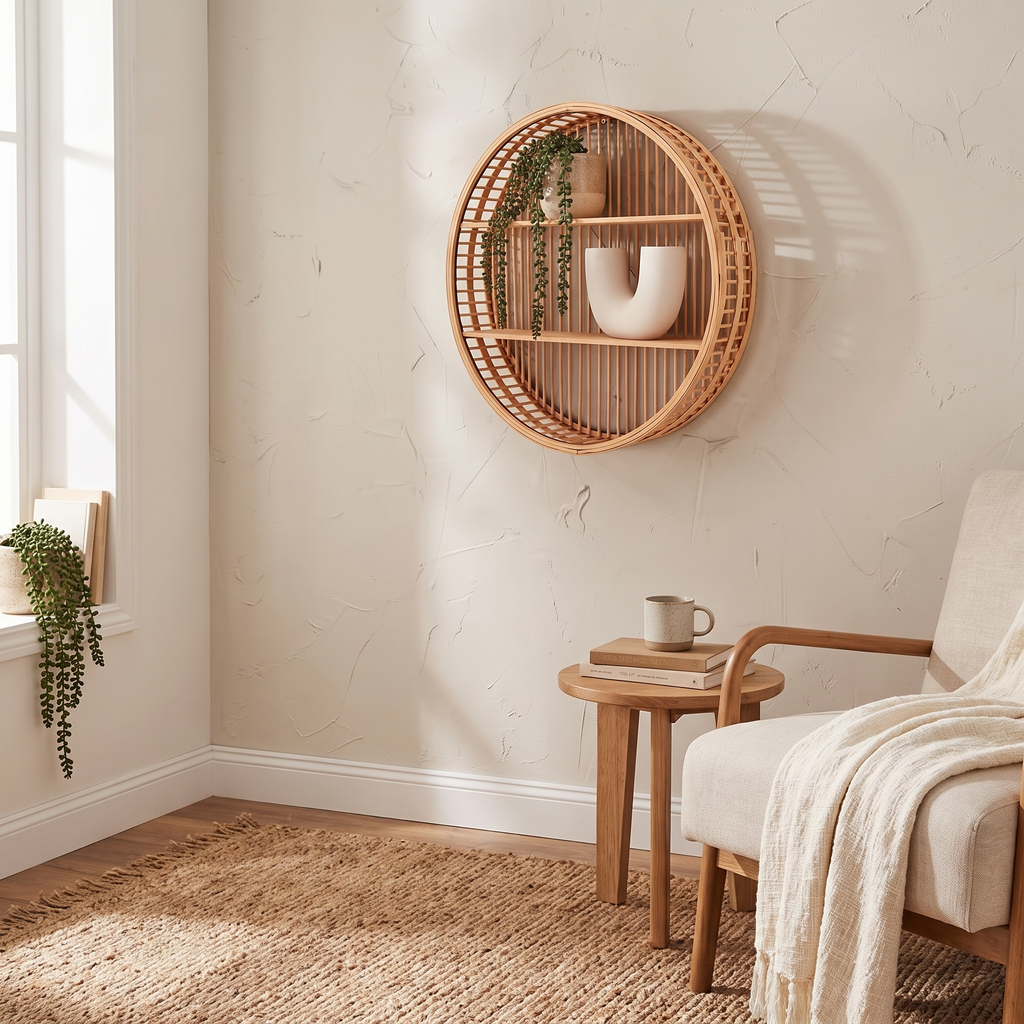 Round Bamboo Wall Shelf | Handmade Boho Floating Organizer