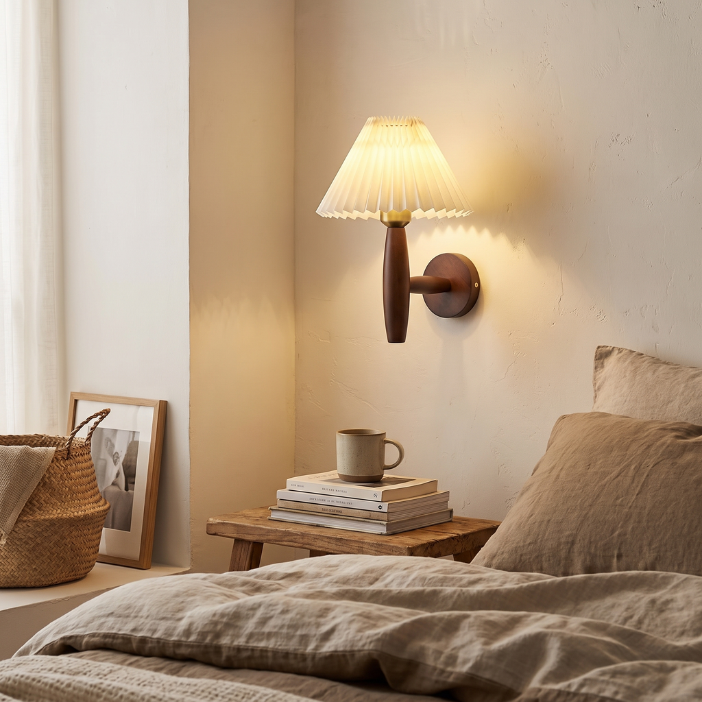 Nordic Wooden Wall Sconce | Retro Bedside Wall Lamp with Pleated Shade
