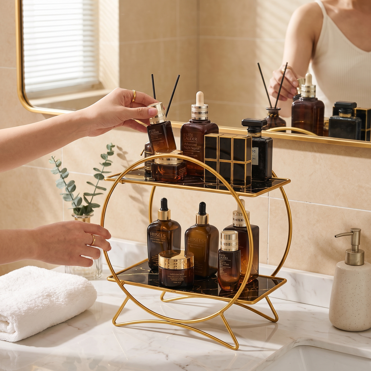 Double-Tiered Bathroom Organiser with Cat Ear Base | Stylish Metal Cosmetic & Skincare Shelf