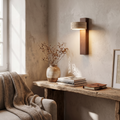 Travertine wall lamp, modern stone and wood sconce