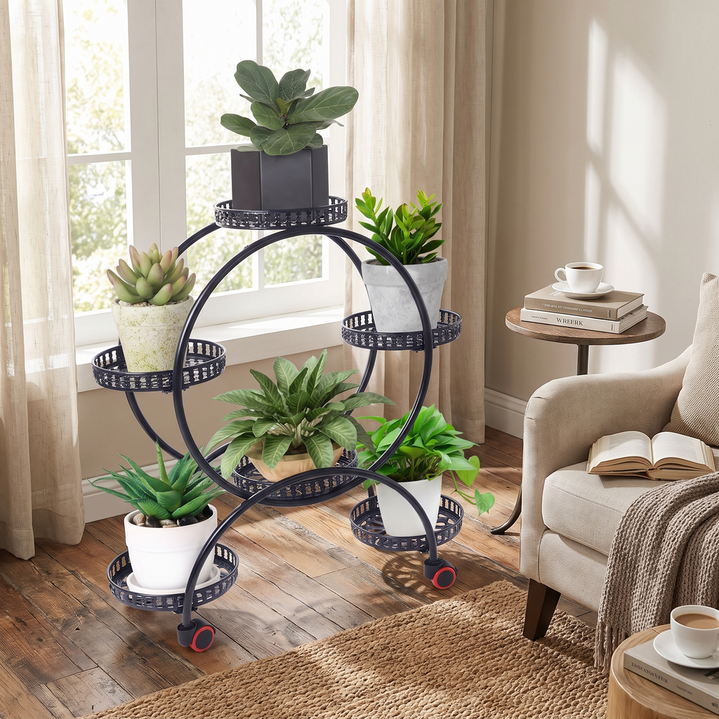 Metal Plant Stand with Wheels | 6-Tier Flower Pot Holder for Indoor & Outdoor Decoration