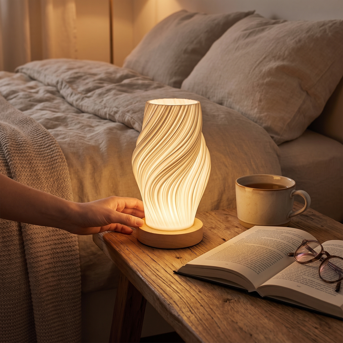 Modern LED swirl table lamp, minimalist dimmable bedside light