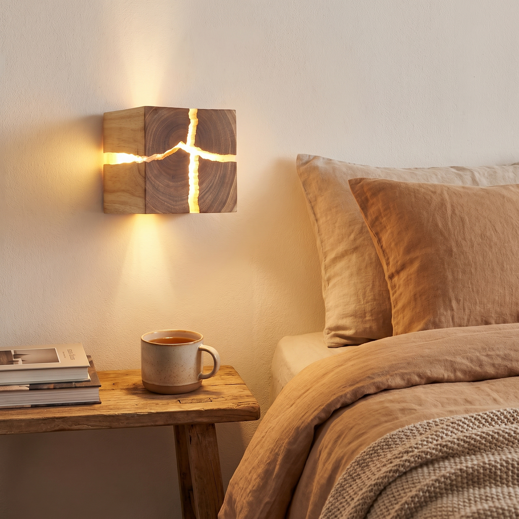 WoodAura Wall Light | Hand-Carved Solid Wood Resin Design