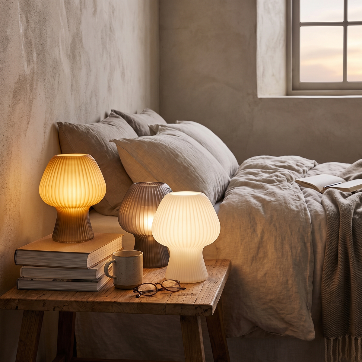 Vintage bedside table lamp with ribbed glass mushroom shade