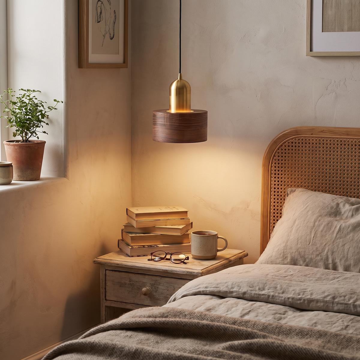 Cylinder Pendant Light | Japanese-Style Walnut & Brass Hanging Lamp