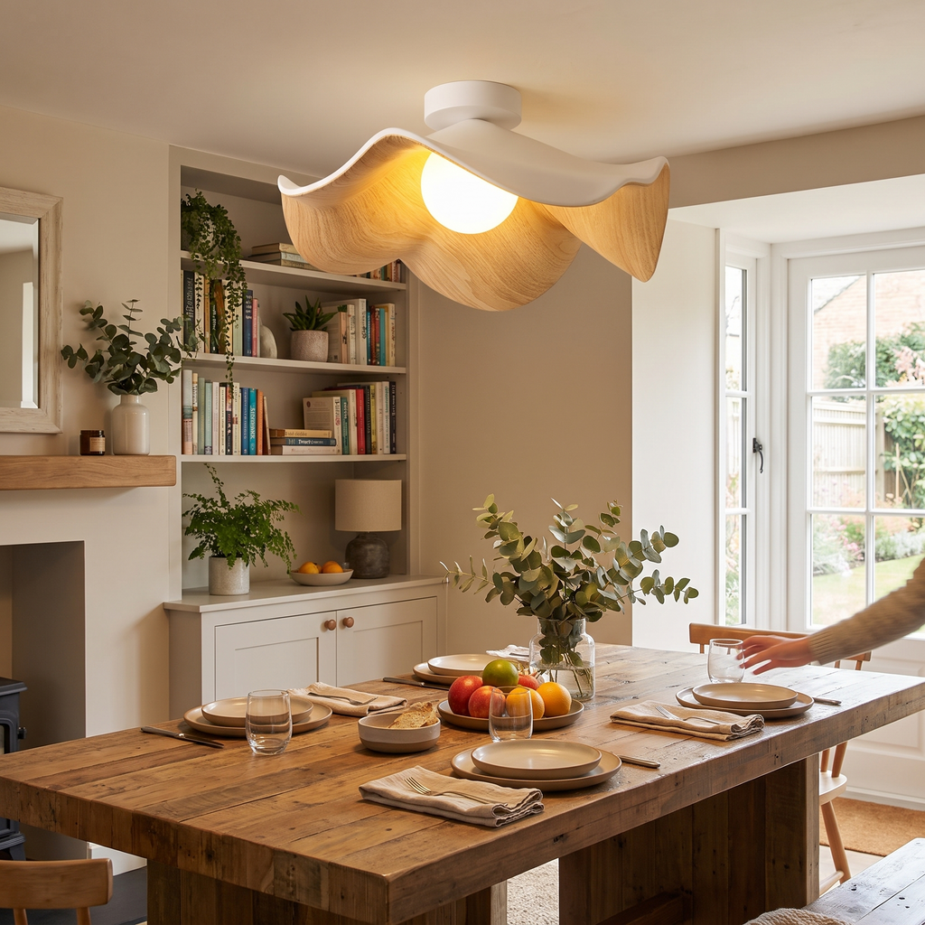 Scandinavian Wooden Lotus Ceiling Light | Resin & Iron Modern Flush Lamp