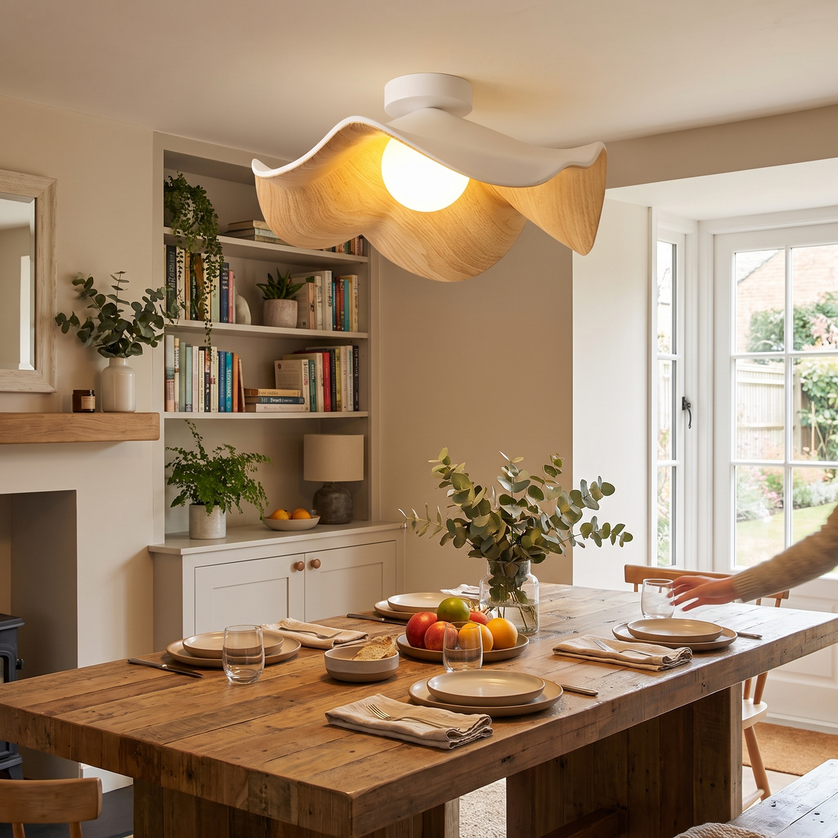 Scandinavian Wooden Lotus Ceiling Light | Resin & Iron Modern Flush Lamp