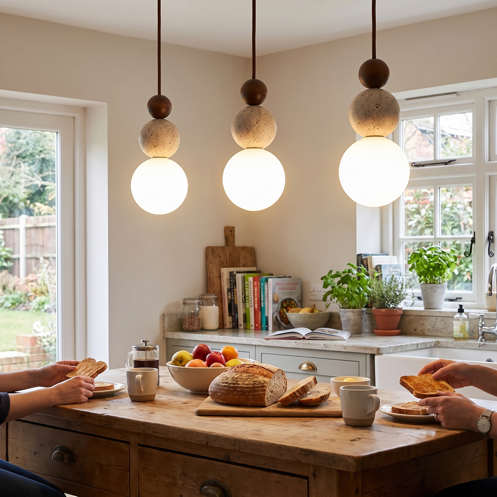 Cleonice Pendant Light | Travertine, Wood & Glass Hanging Lamp