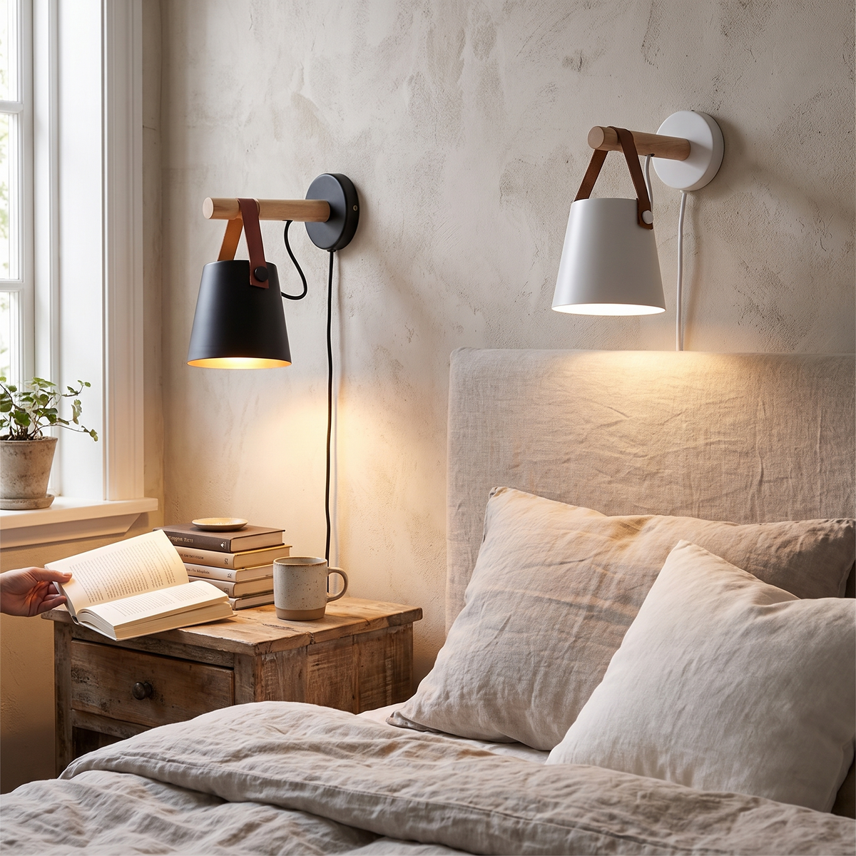 Nordic Wood & Leather Wall Lamp | Hanging Bedside Light