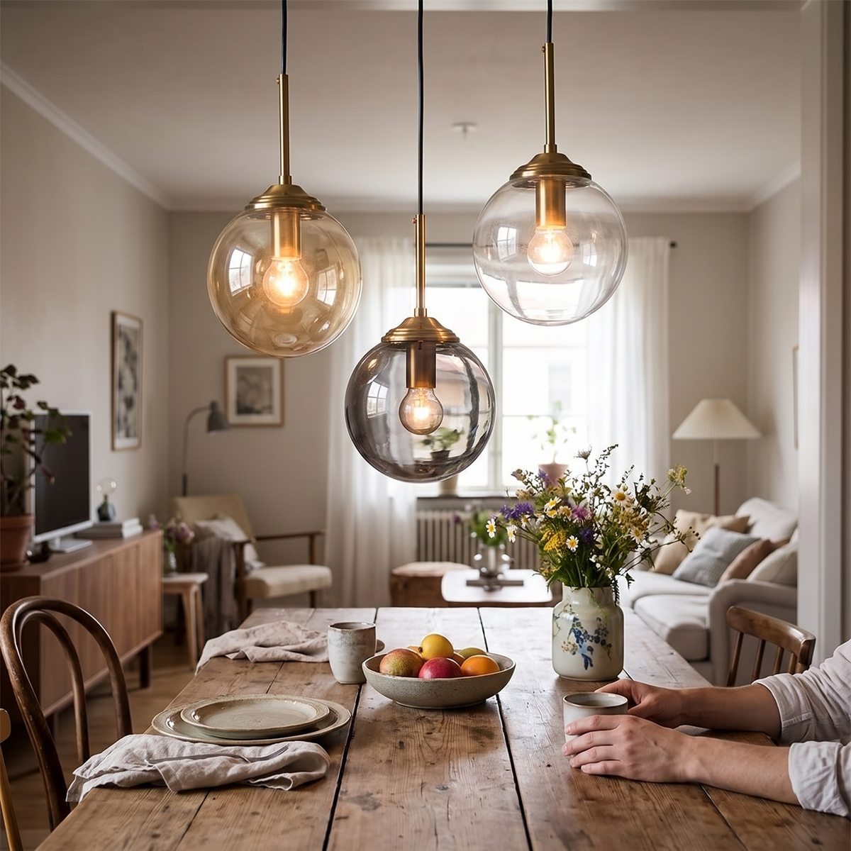 Modern Nordic Glass Globe Pendant Light | Amber, Smoke Grey, Clear Glass