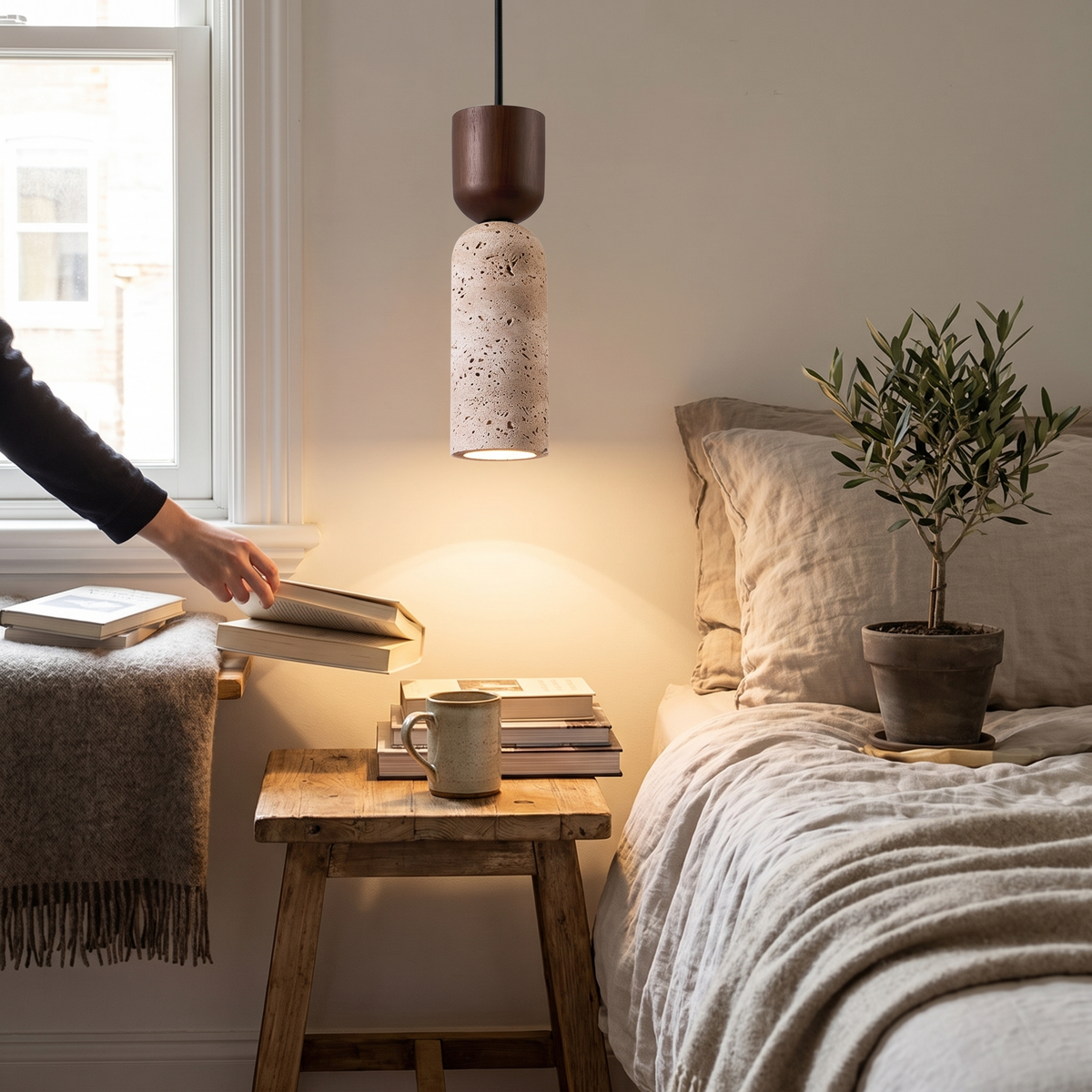 Wabi-Sabi Travertine & Wood Pendant Light | Japanese Minimalist Bedside Lighting