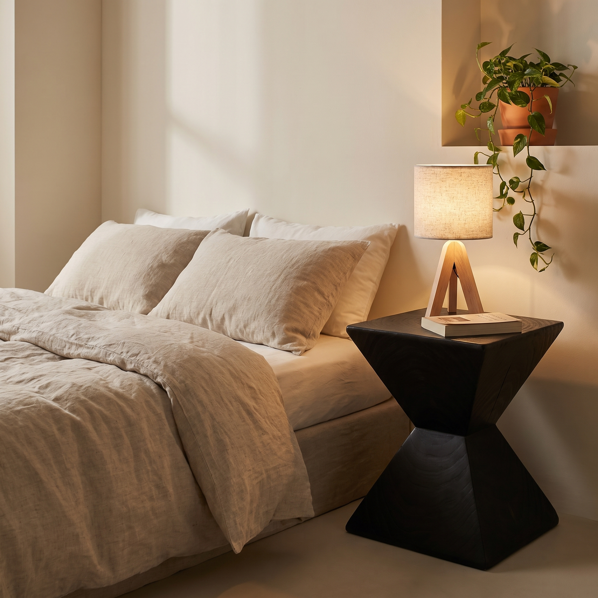 Kaya hourglass side table used as a bedside table with a small lamp and a book
