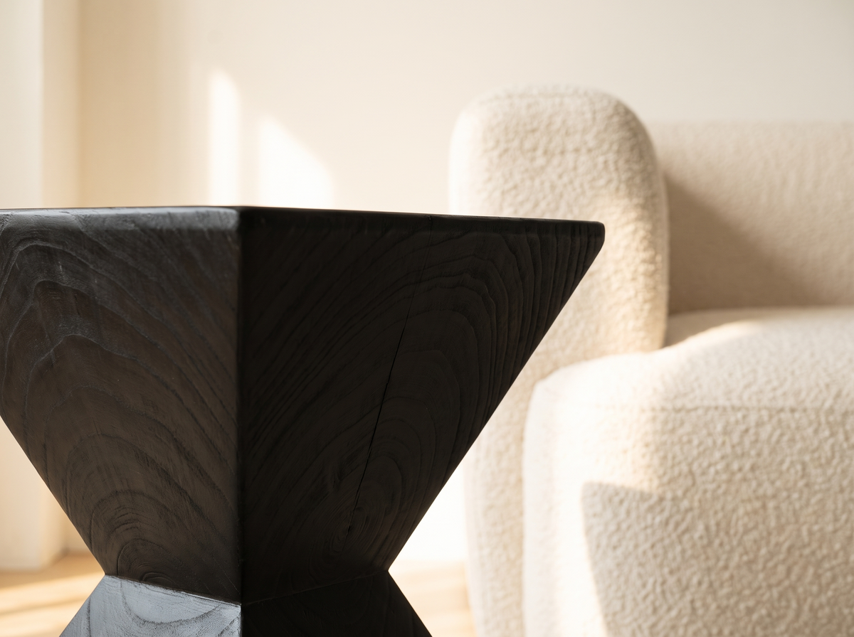 Close detail of the black wood grain on the Kaya hourglass side table