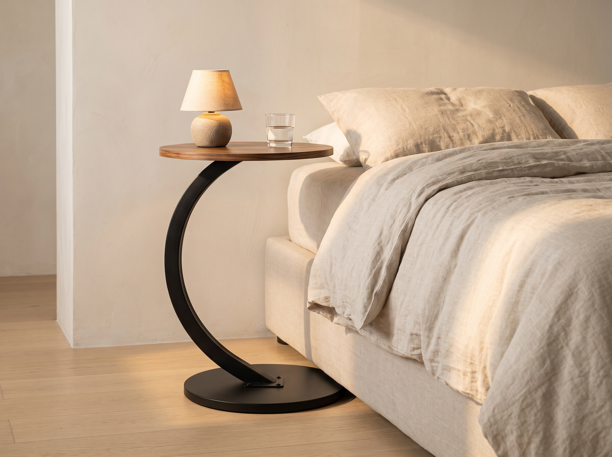 Orla Curve Side Table used as a bedside table
