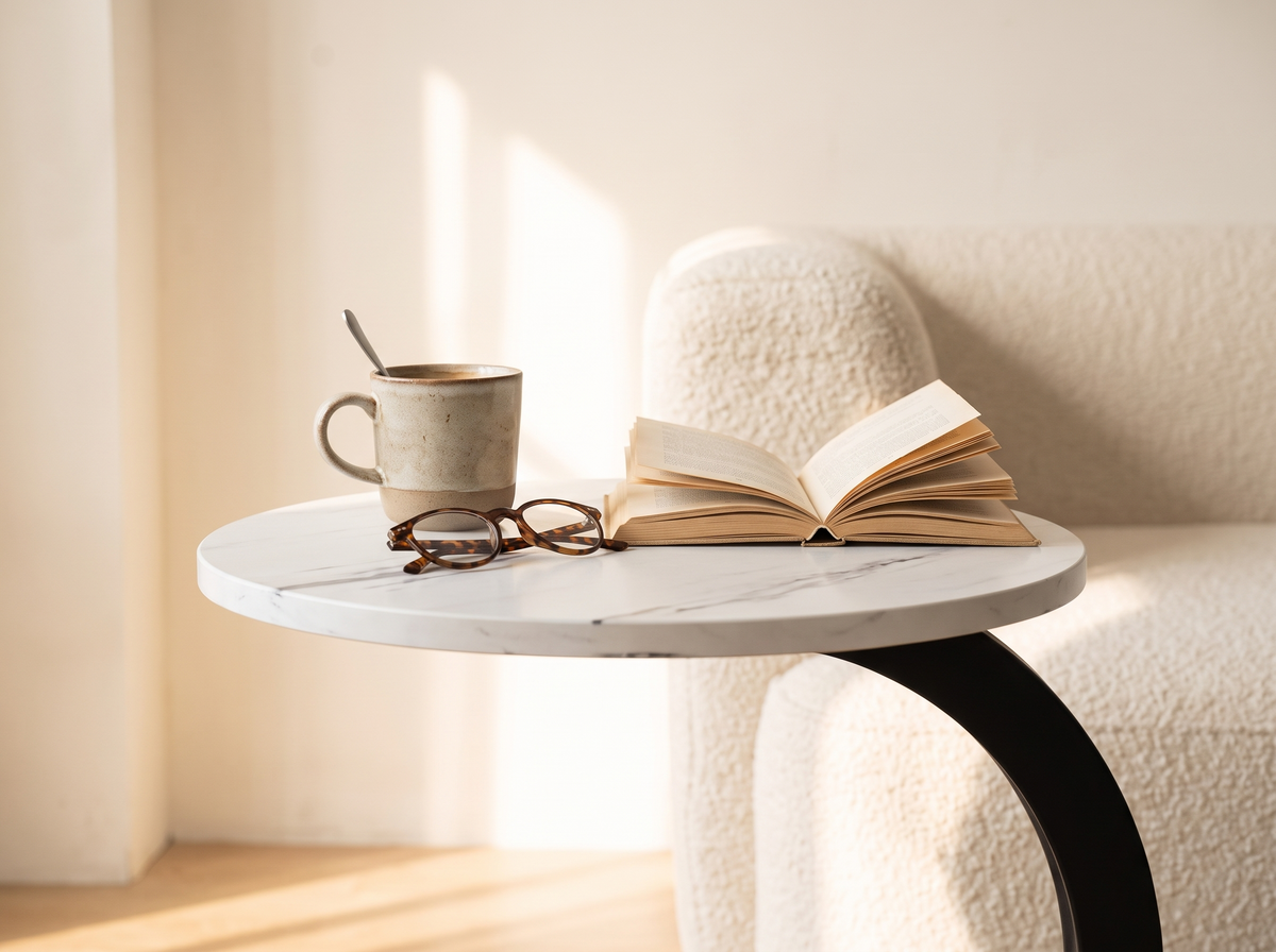 Orla Curve Side Table marble effect top with coffee and a book
