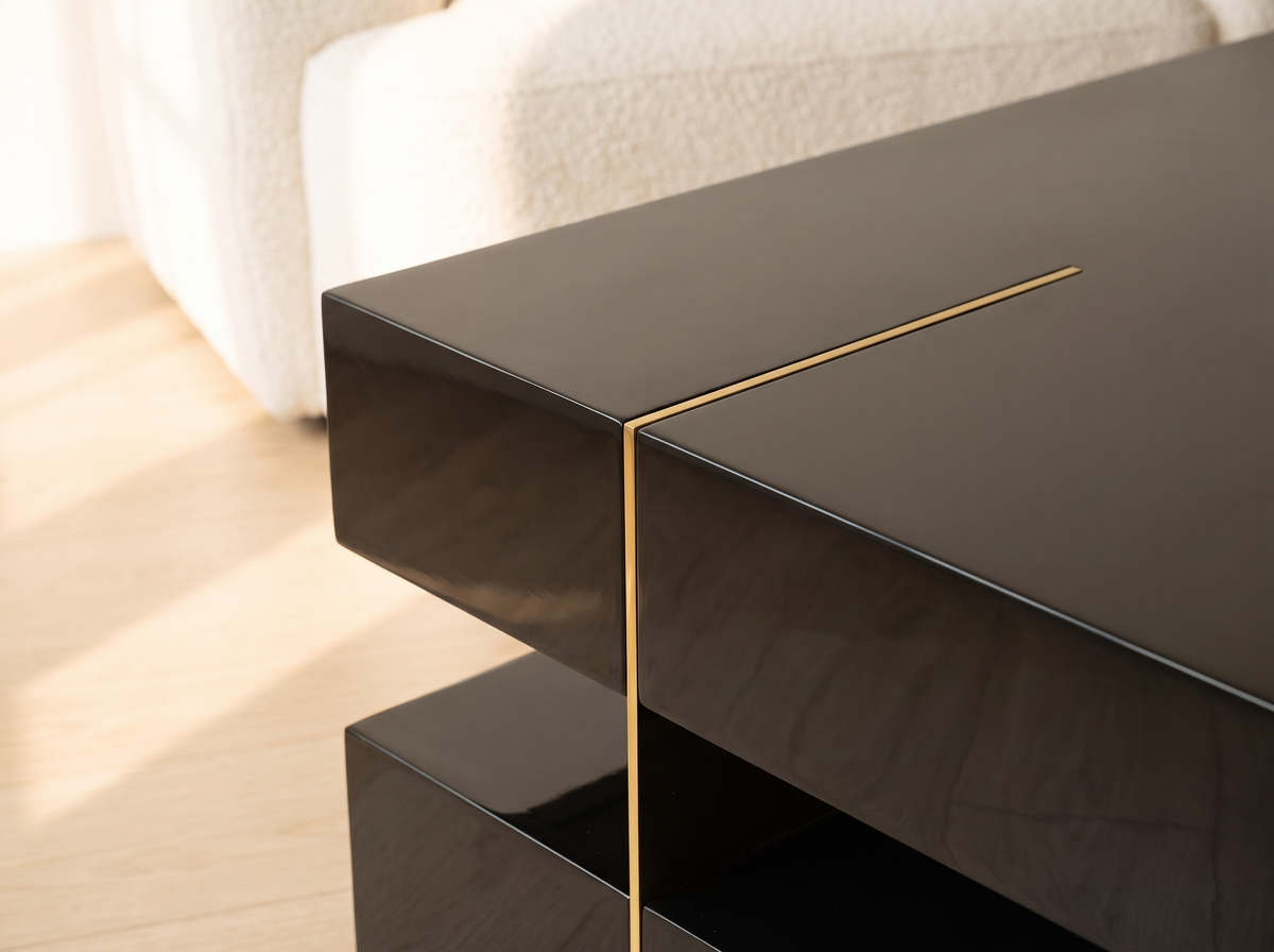 Nova Gloss Coffee Table corner detail with gold trim