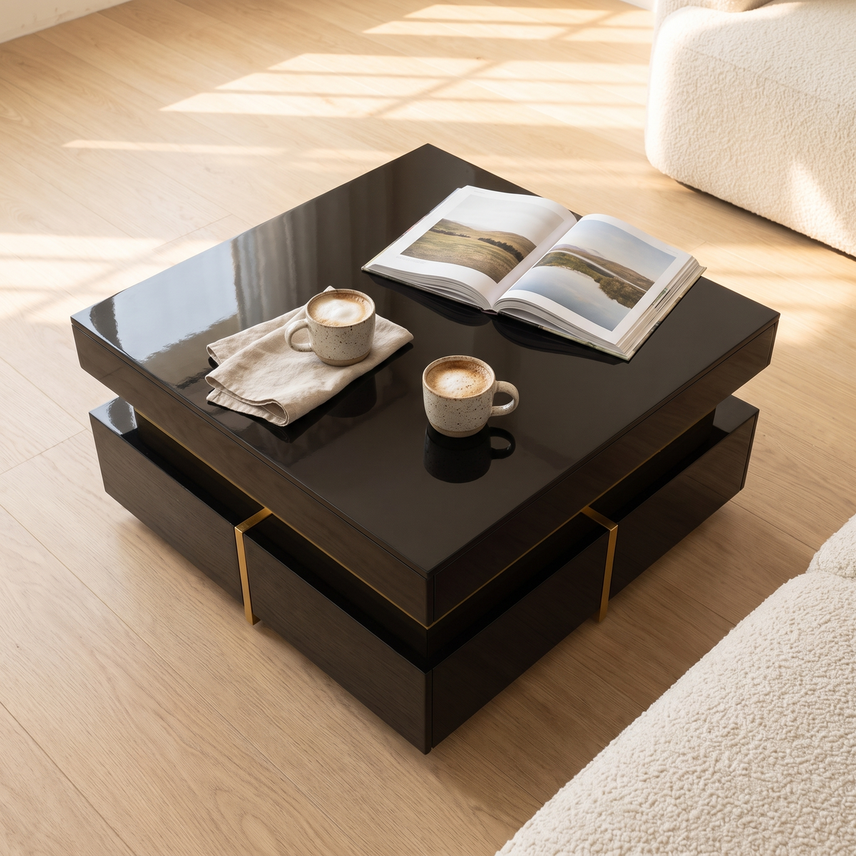 Nova Gloss Coffee Table top with coffee cups and a magazine