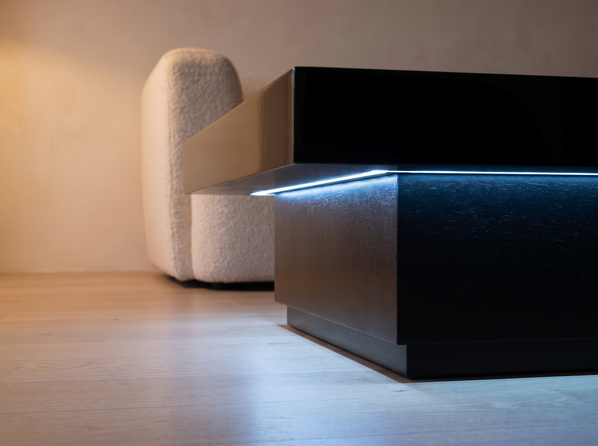 Luma Gloss Coffee Table corner with the LED strip glowing blue