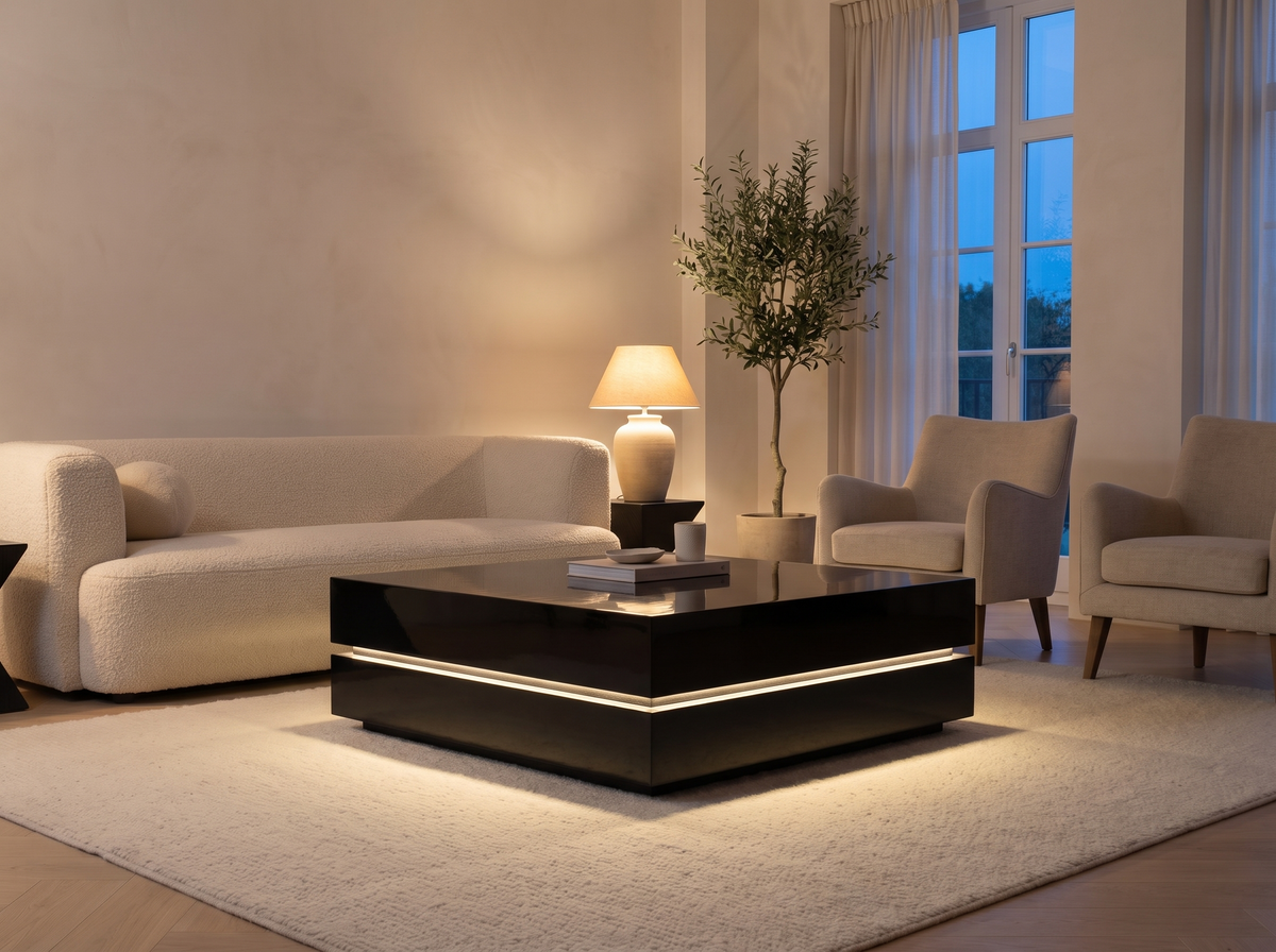 Luma Gloss Coffee Table glowing in an evening living room
