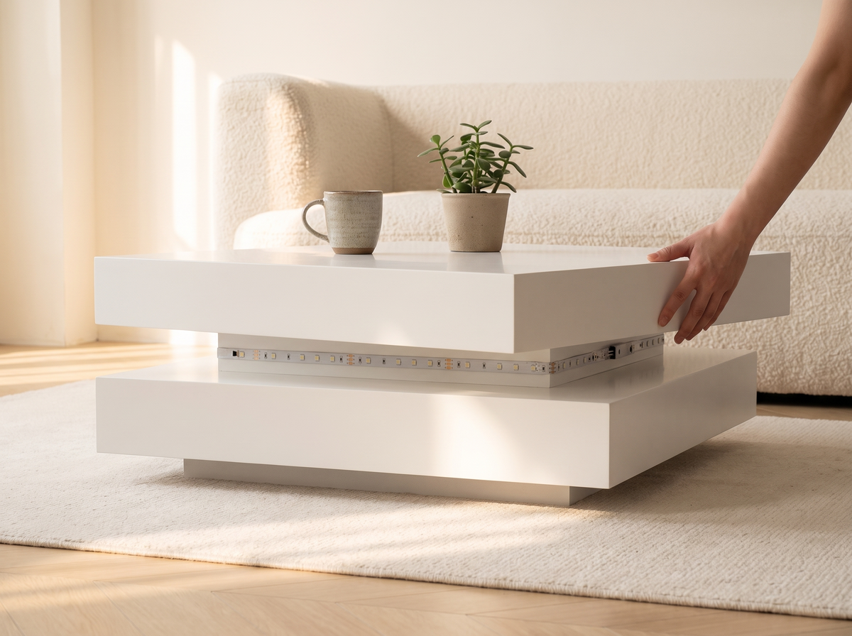 Hand turning the rotating top of the Luma Gloss Coffee Table