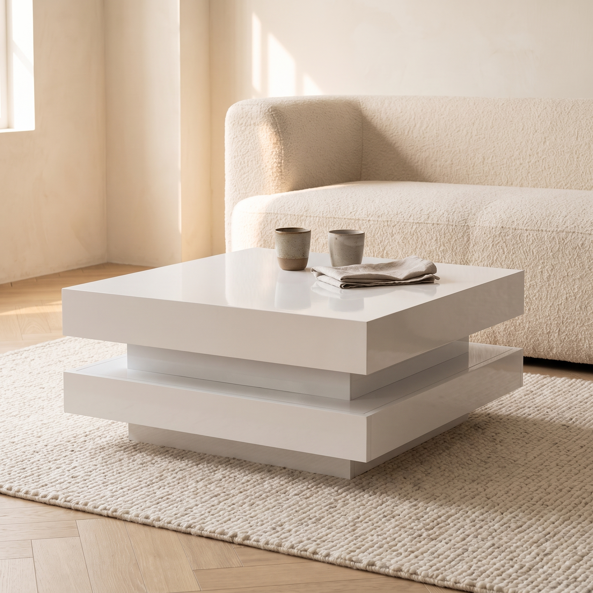 Luma Gloss Coffee Table in white high gloss on a cream rug
