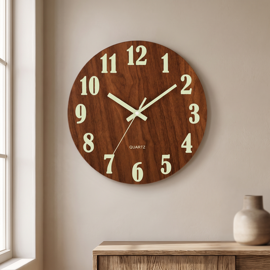 Walnut Luminous Wall Clock in Numbers