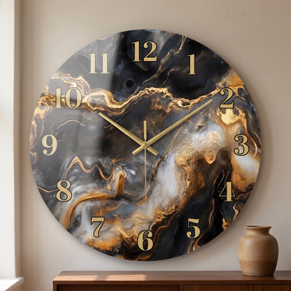Blue and Gold Marble Wall Clock in Black Marble