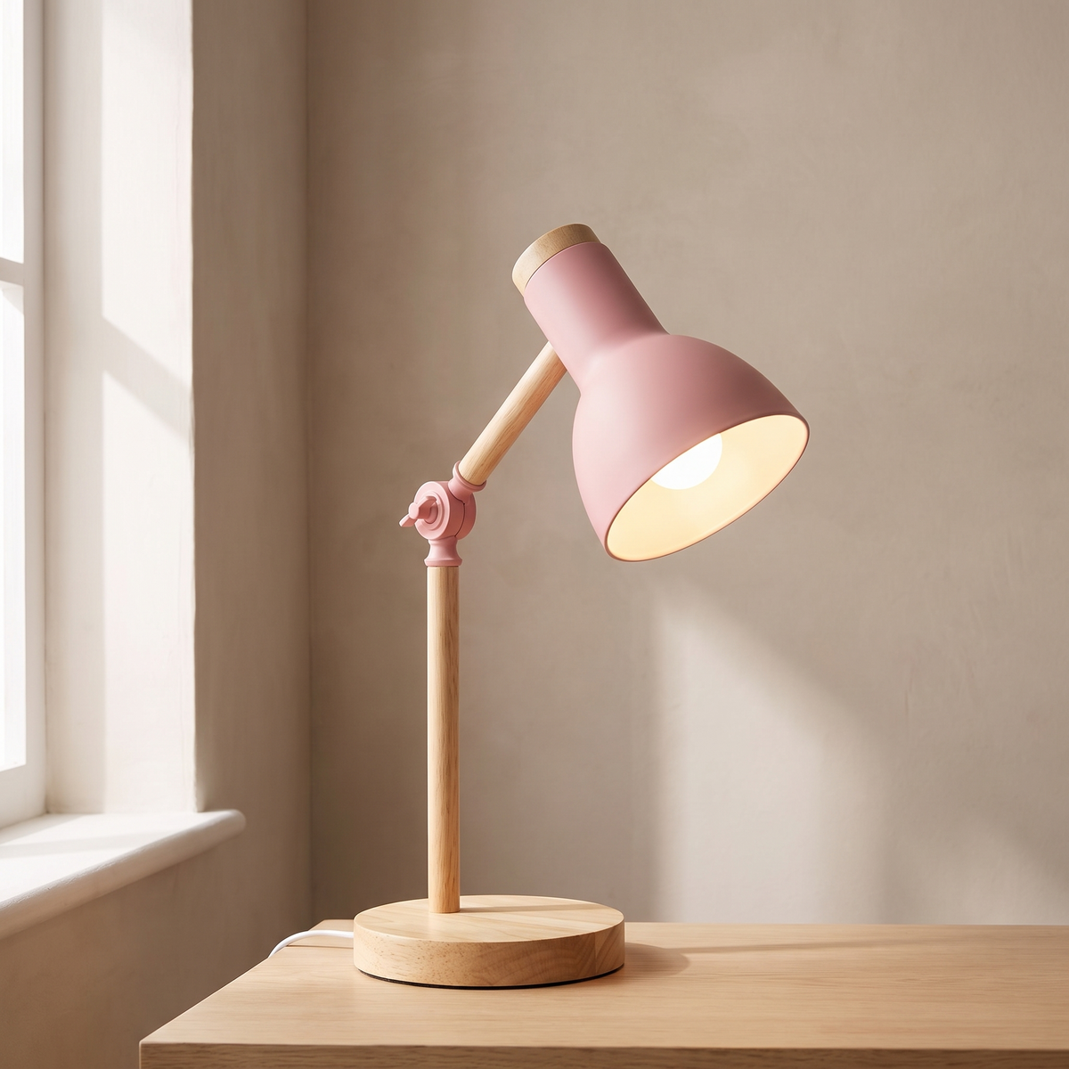 Nordic Wooden Desk Lamp in Pink