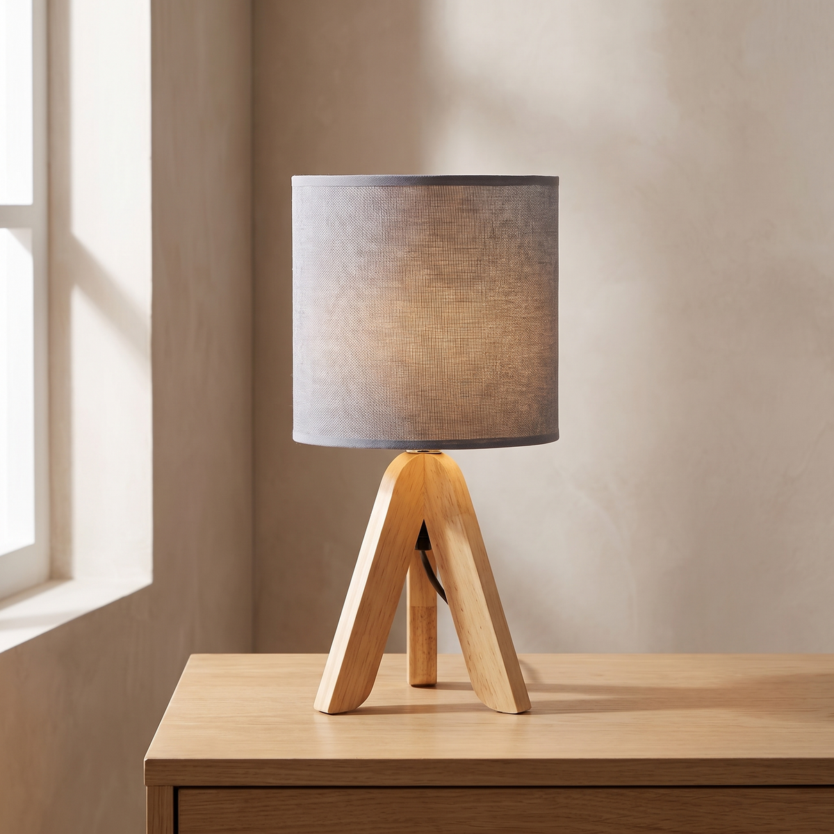 Nordic Wooden Tripod Table Lamp in Grey