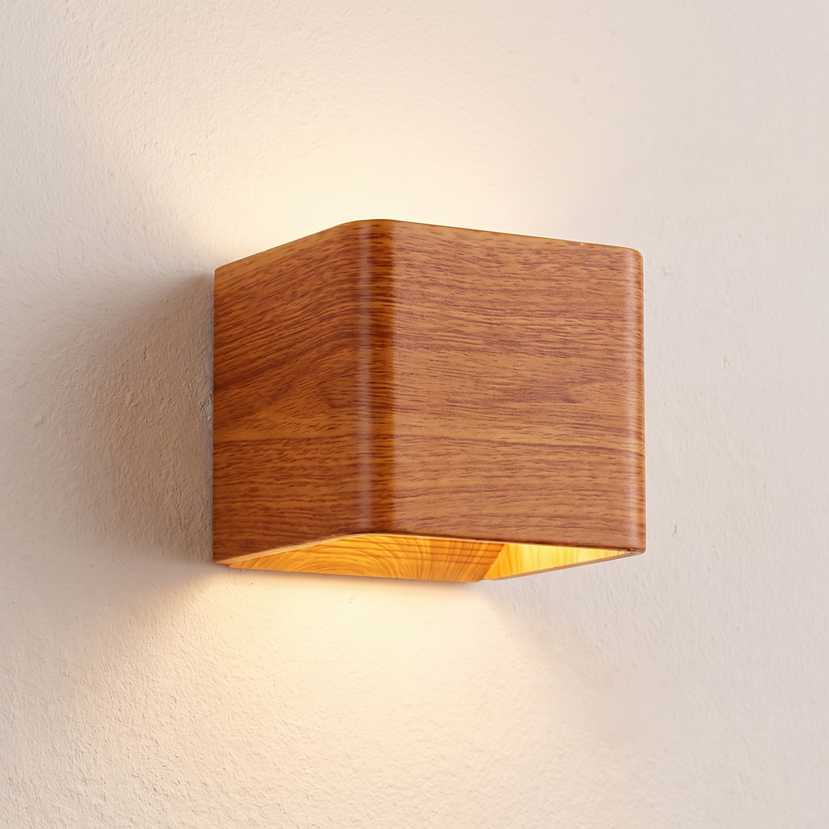 Nessa Cube Wall Lamp in Wood Grain finish, LED light on
