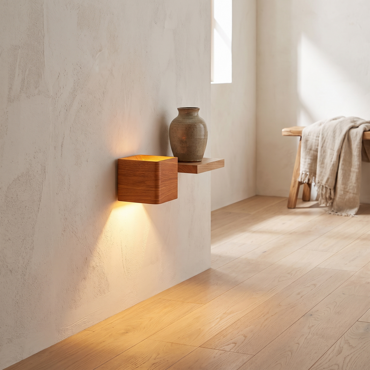 Nessa Cube Wall Lamp Wood Grain finish in a living room setting