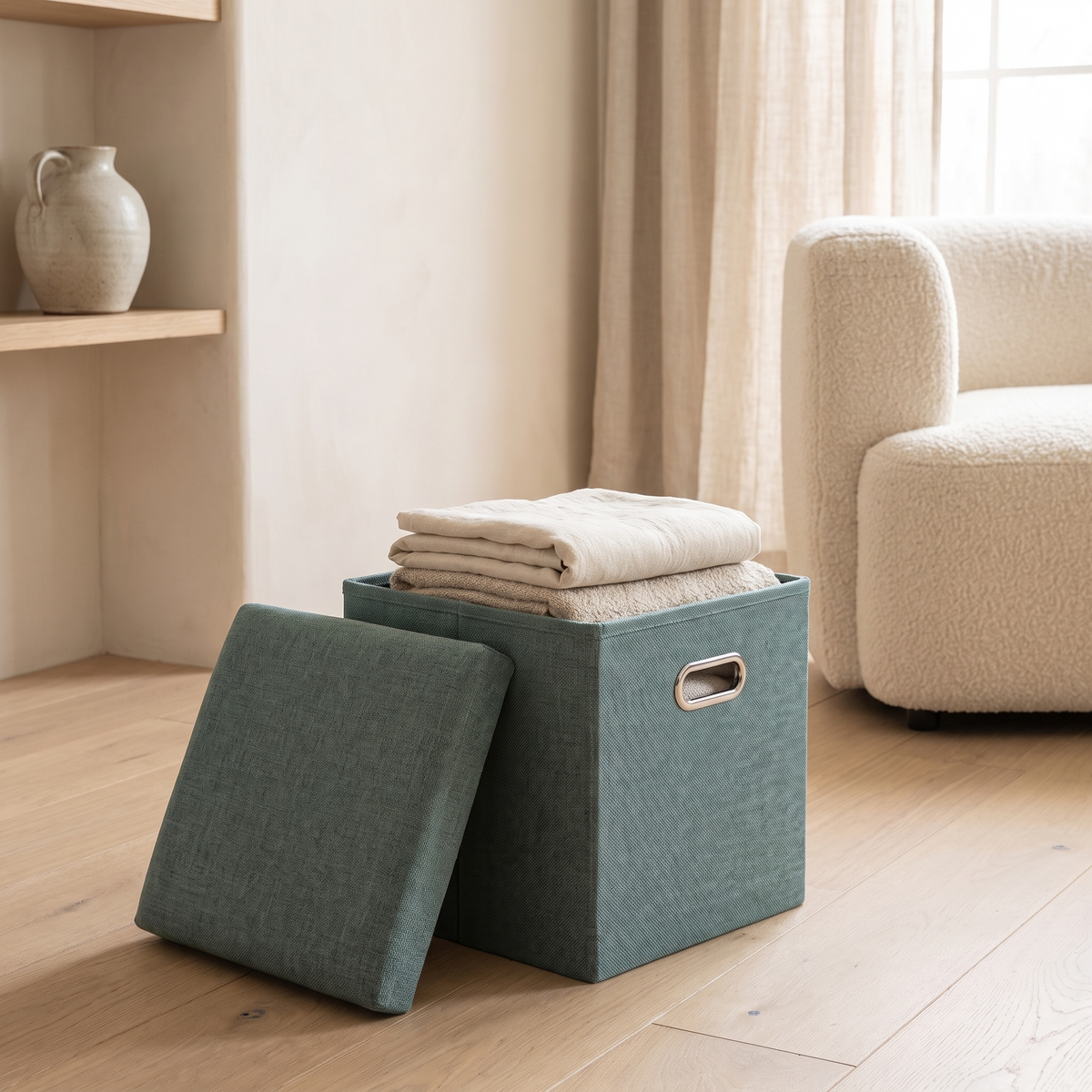 Percy Storage Stool in a styled interior