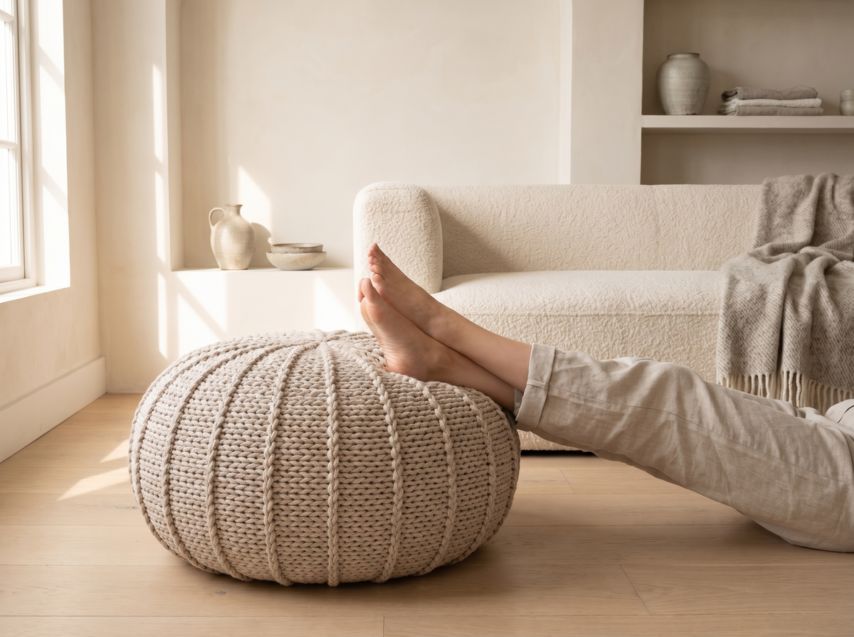 Wren Knitted Pouf styled in a room
