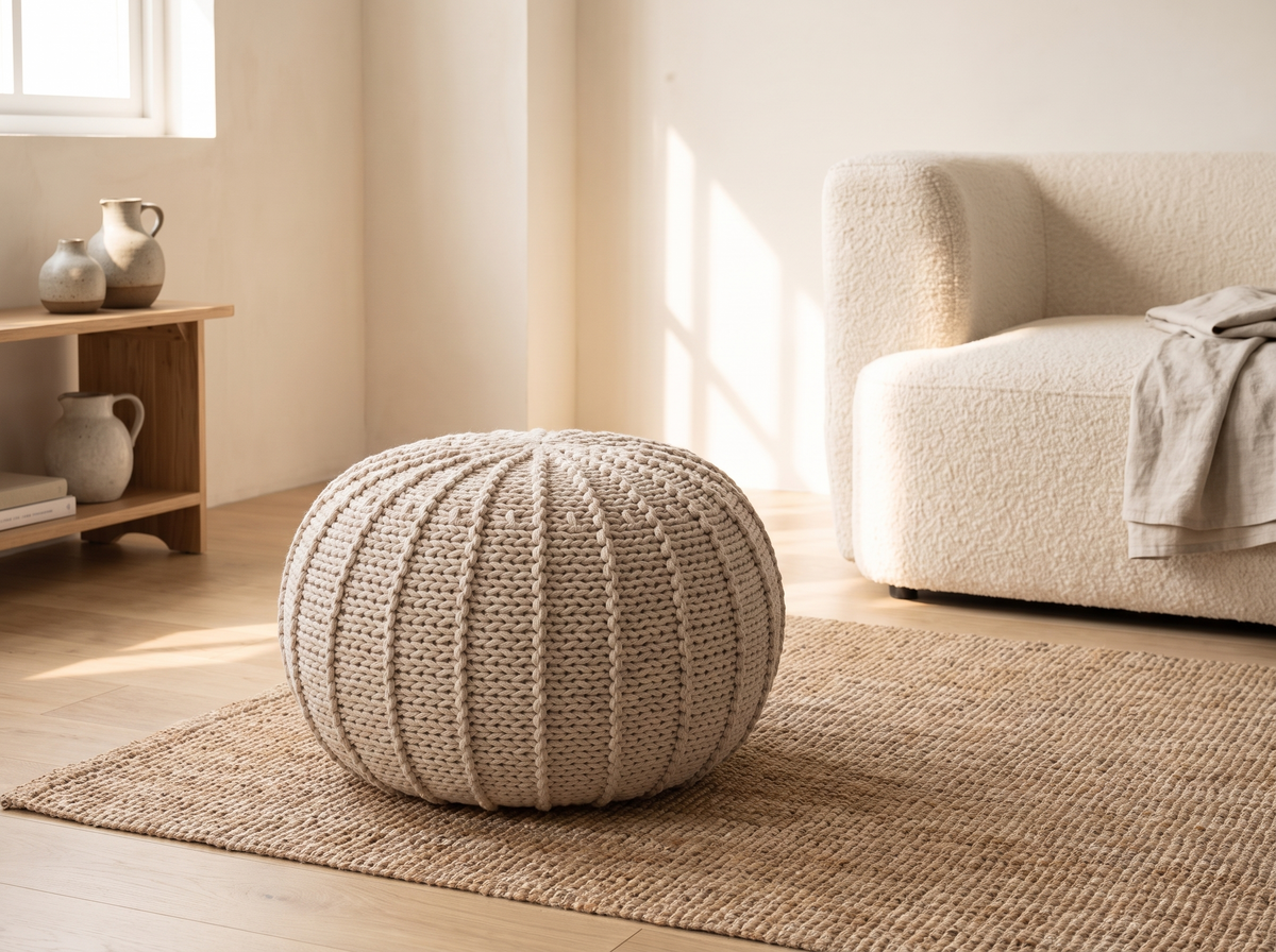 Wren Knitted Pouf styled in a room