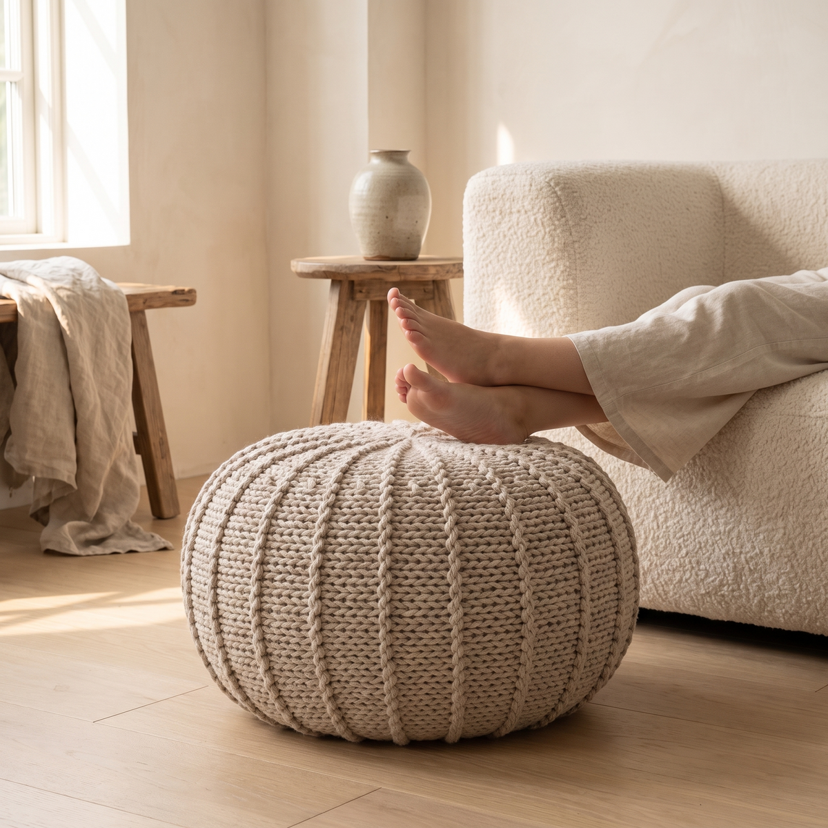 Wren Knitted Pouf in a styled interior